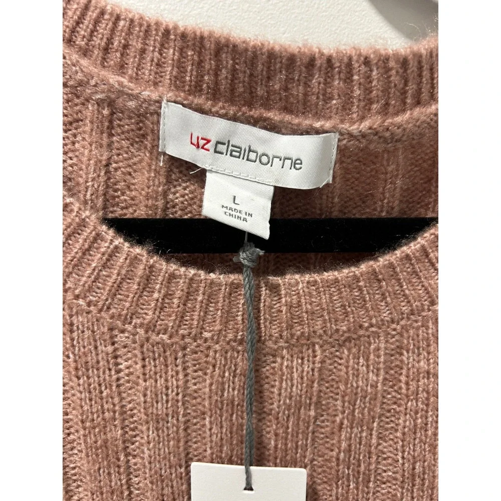 NWT Liz Claiborne Women Pearl Embellished Puff Sleeve Ribbed Knit Sweater Pink L